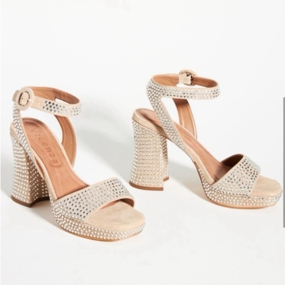 Anthropologie VICENZA Camurca Bege Diamond Gem Platform Sparkly High Heels Tan 7 - Picture 13 of 14